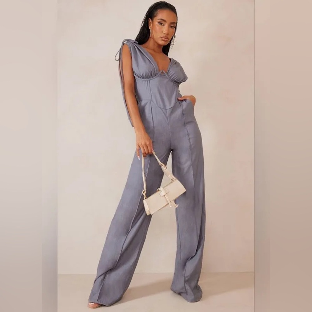 PrettyLittleThing CHARCOAL RUCHED CORSET JUMPSUIT